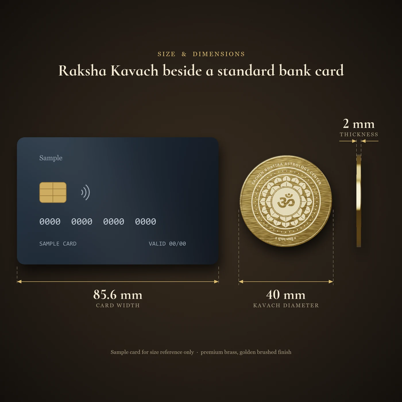 Ketu Raksha Kavach size beside a standard bank card: 40 mm diameter, 2 mm thick