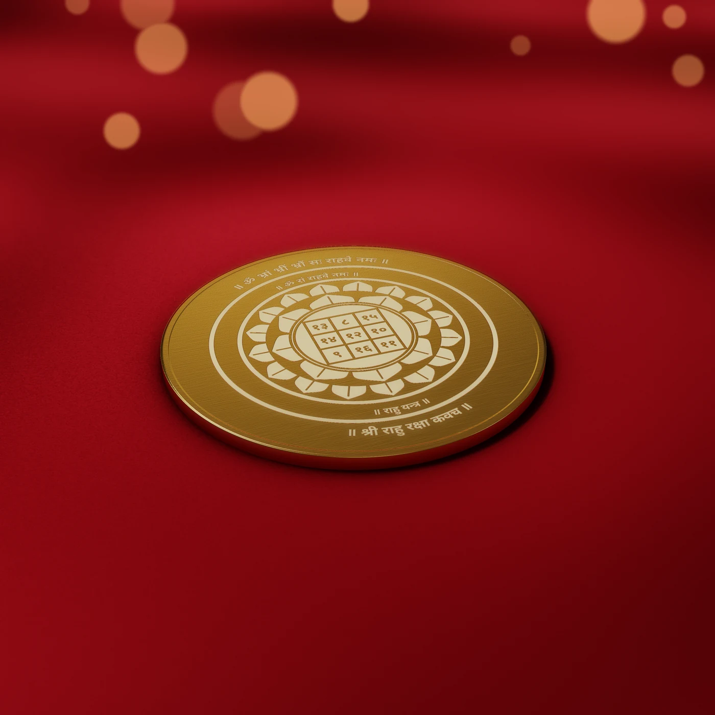 Premium Rahu Raksha Kavach, etched brass disc, angled view